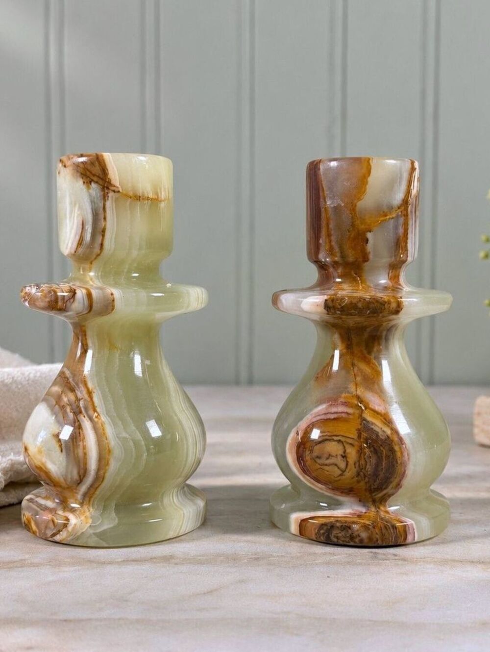 Vintage Pair of Onyx Stone Candlestick Holders